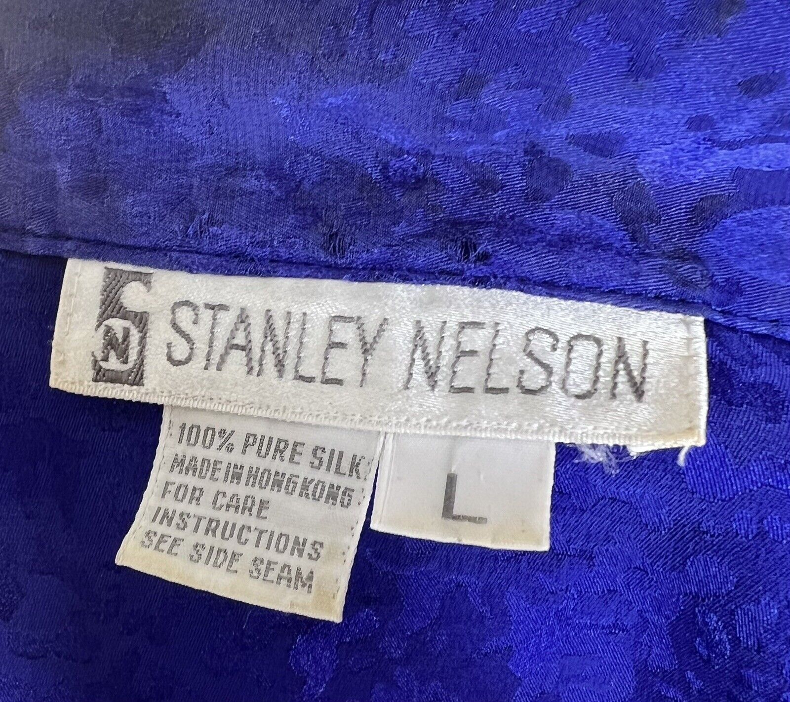 Stanley Nelson Indigo Blue Silk & Leather Studded Beaded Button Up Top Size L