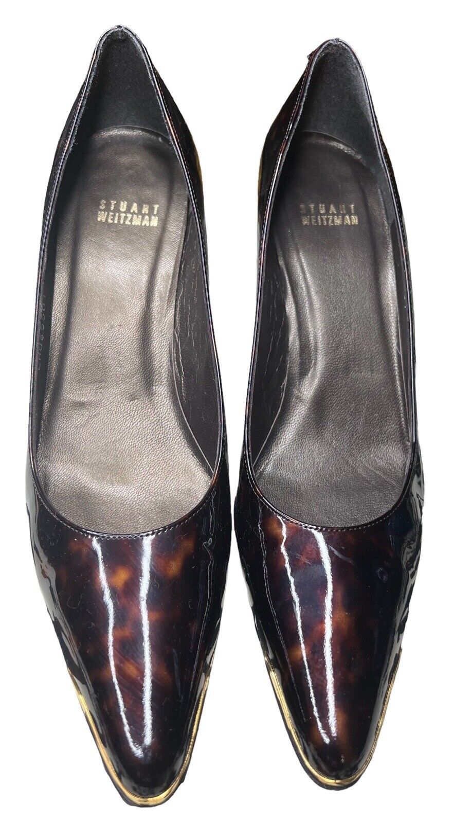 Stuart Weitzman 9M Patent Leather Leopard Print & Gold Heels