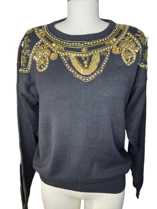 Kikomo Vintage Black With Gold Beads Long-Sleeved Sweater Size Small