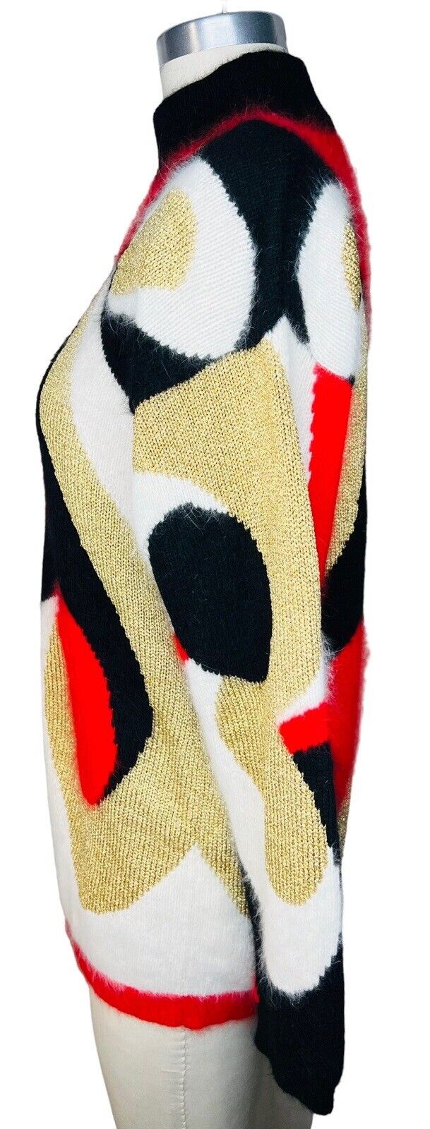 Rafaella Metallic Gold Cream Red Angora Lambswool Pullover Sweater Size M