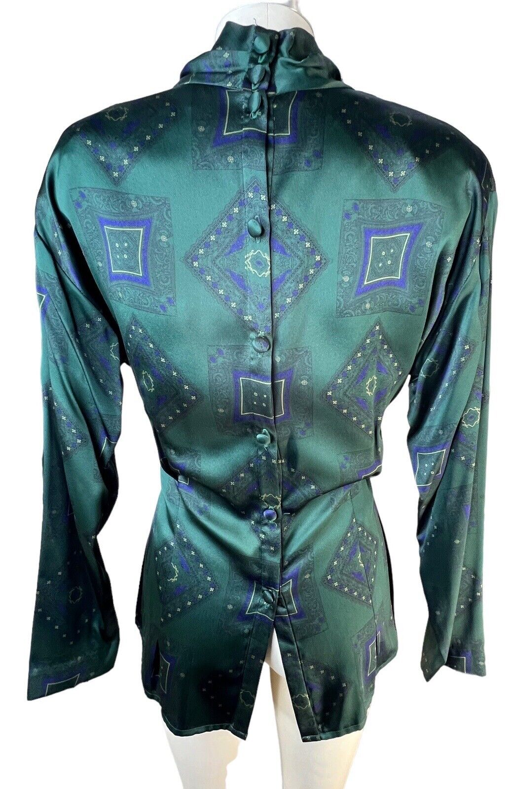 Women’s Tahari Green Silk High Neck Long-sleeved Pleated Blouse