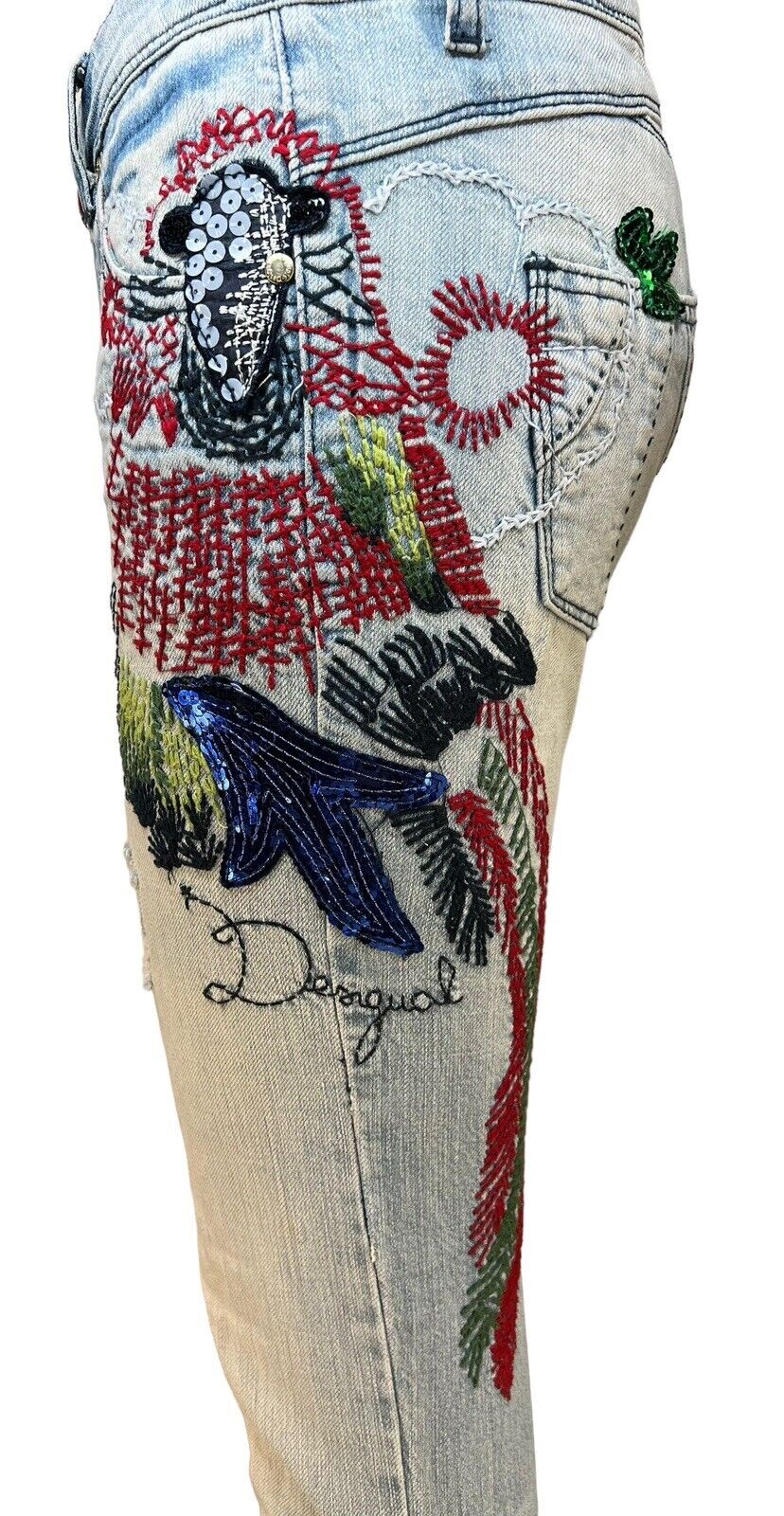 Desigual Womens Embellished Low-rise Skinny Denim Jeans Waist 32.5 Inches