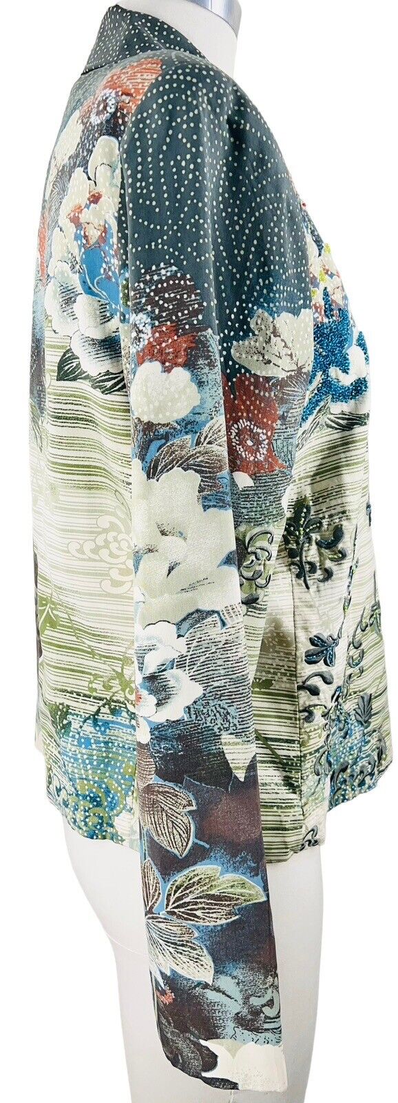 Nancy Bolen City Girl Silk Floral Pattern Sequined  Jacket Wood Buttons
