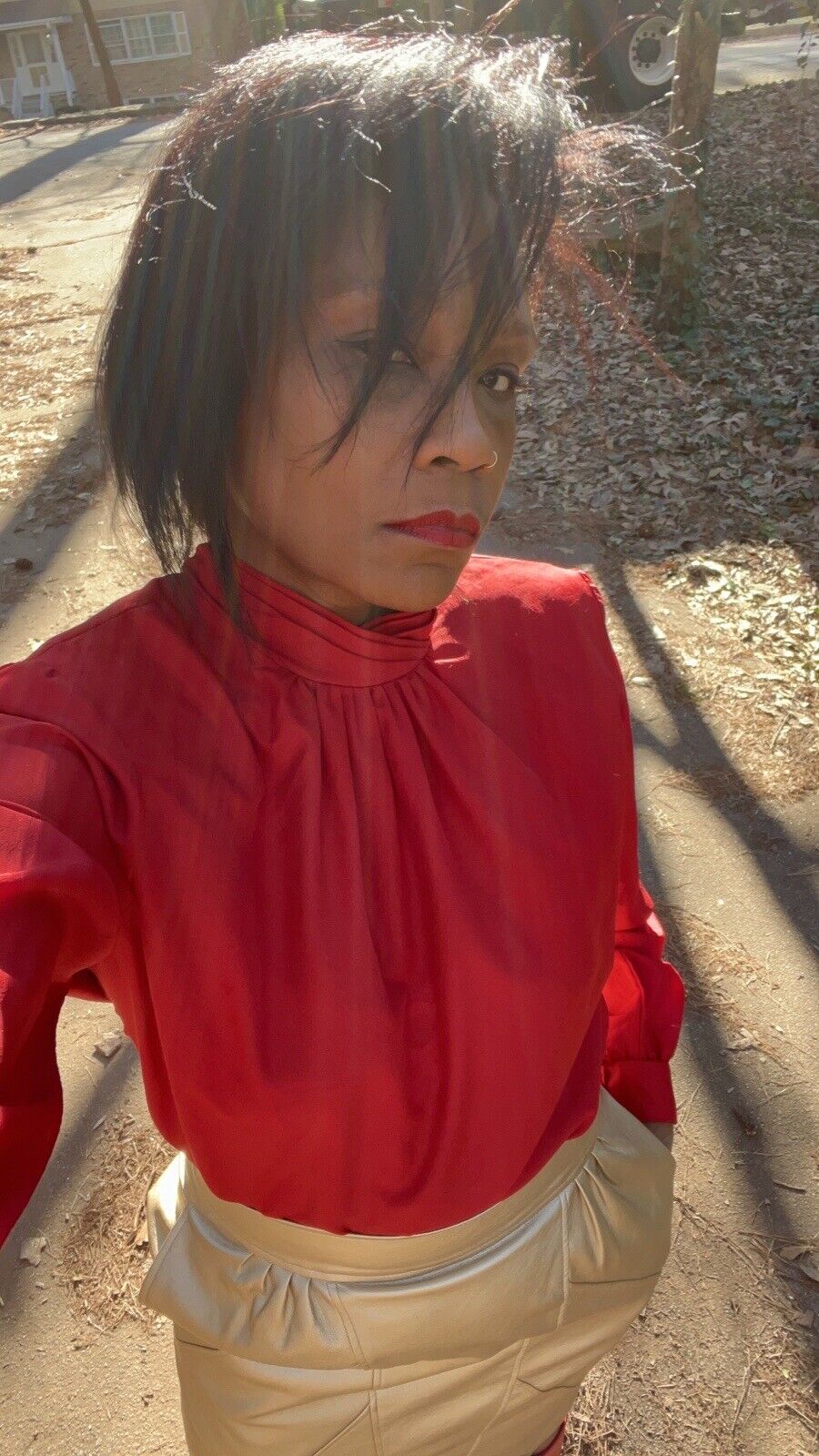 Lucia 1980s Detailed Red High Pleated Neck Blouse Size M