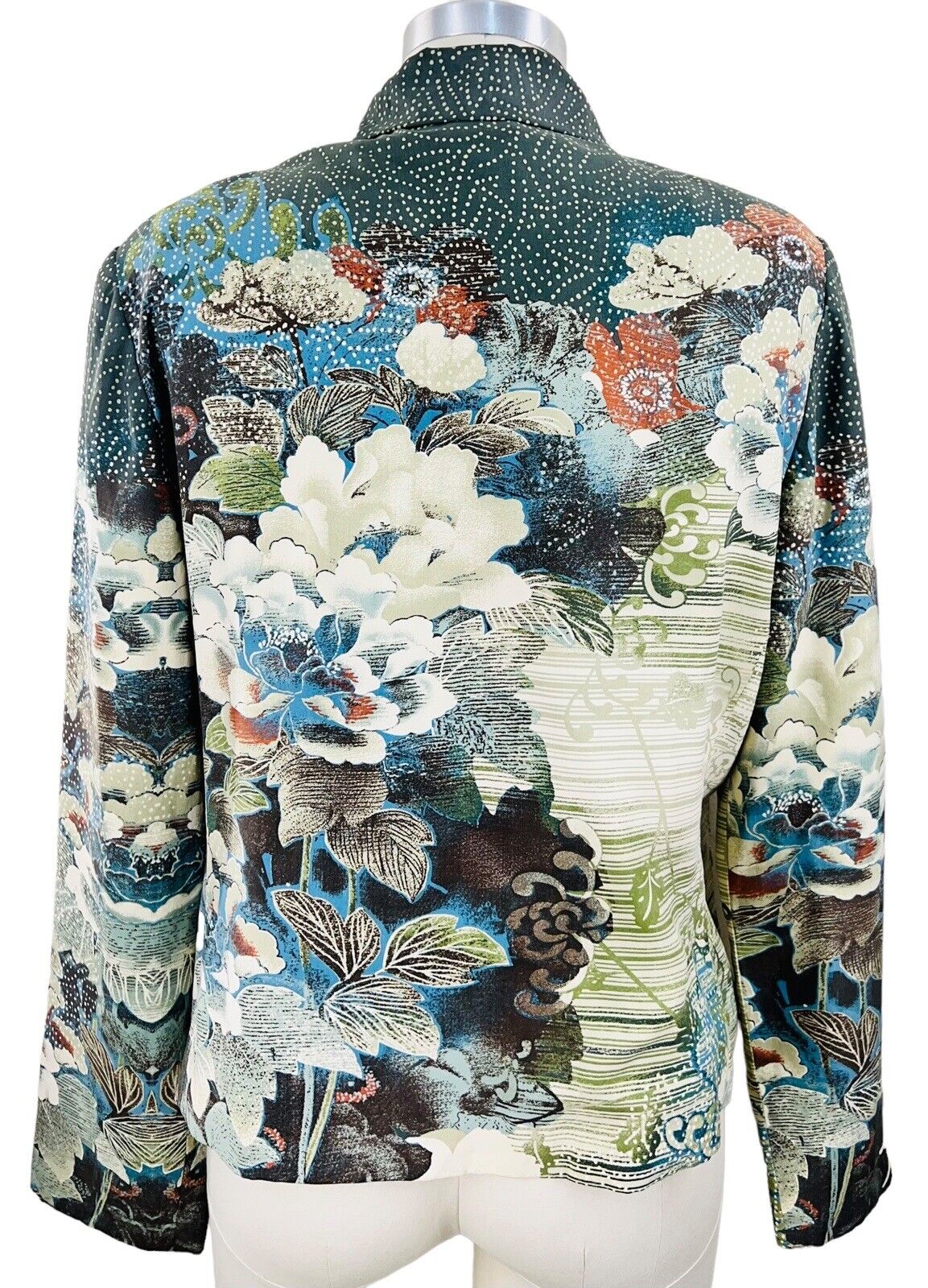 Nancy Bolen City Girl Silk Floral Pattern Sequined  Jacket Wood Buttons