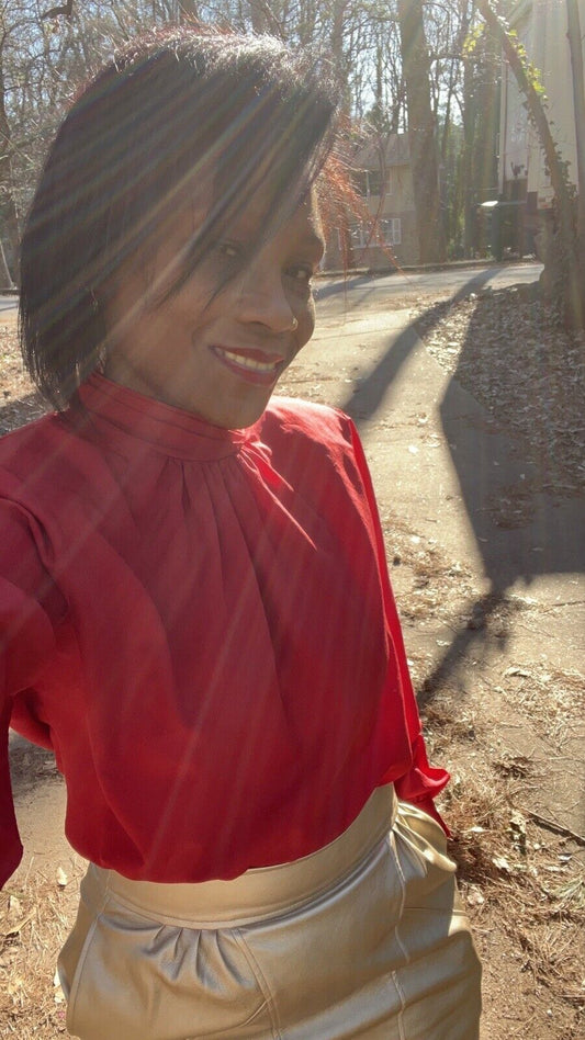 Lucia 1980s Detailed Red High Pleated Neck Blouse Size M