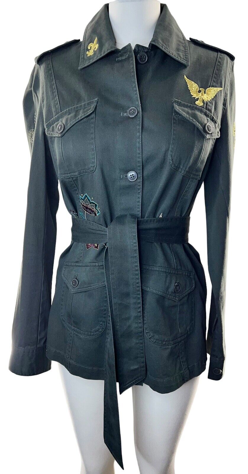 True Meaning Army Green Embroidered Belted Jacket Size Small