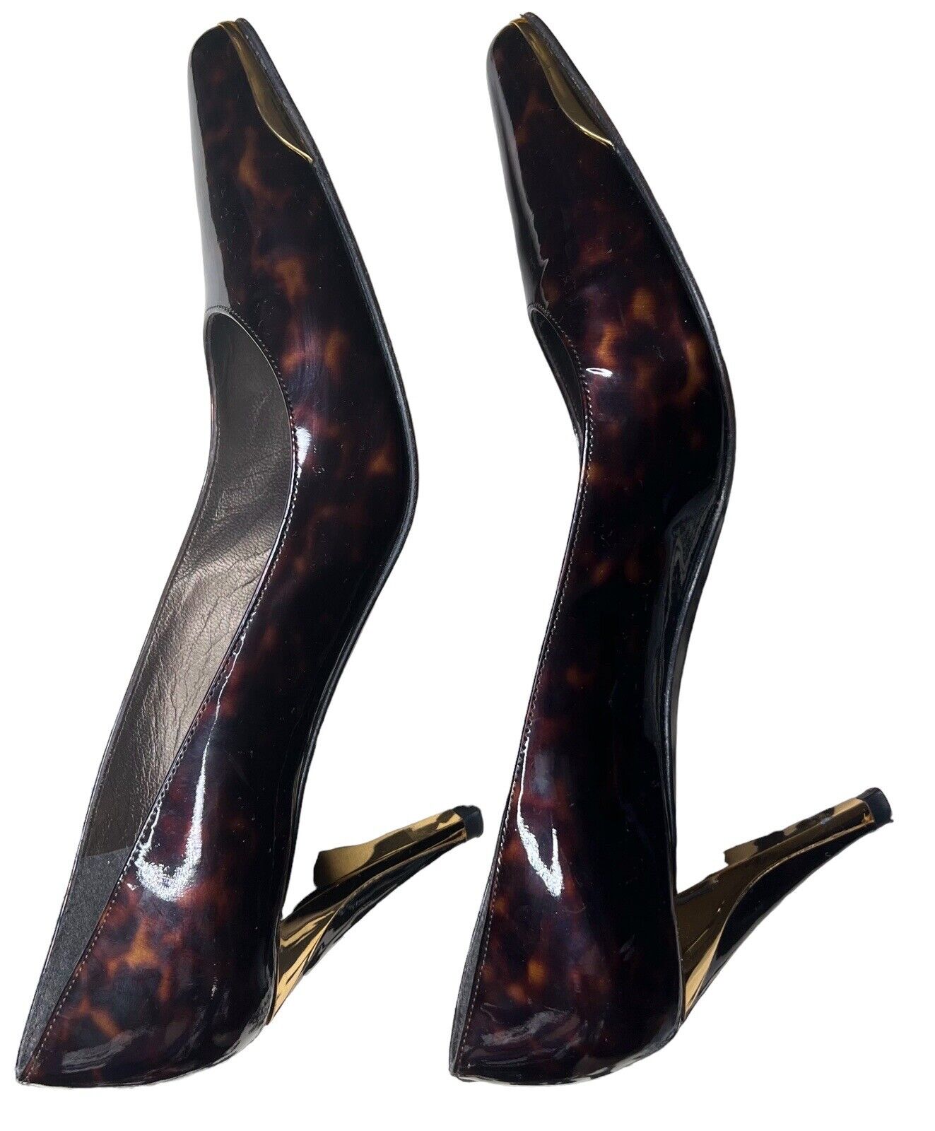 Stuart Weitzman 9M Patent Leather Leopard Print & Gold Heels