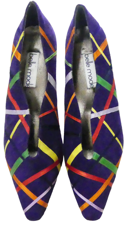 Belle Mode 1980s Purple Suede Shoes Satin Ribbon Applique Size 8