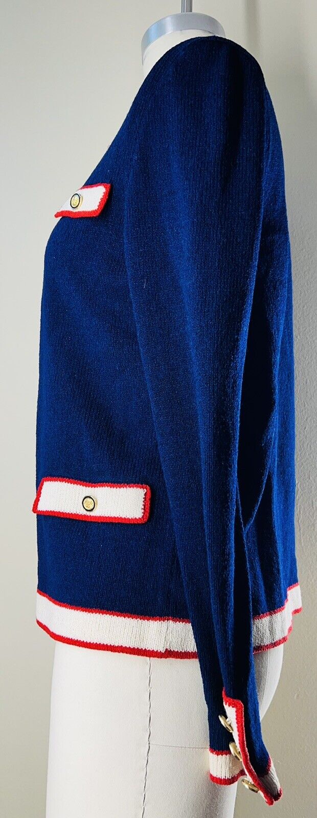 Jaylon New York Blue Cardigan Red & White Trim Gold Buttons Size 6