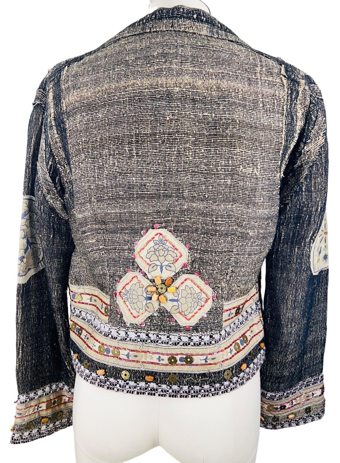 Sandy Starkman Silk & Cotton Mesh Blazer Beaded Grommets Sequins Size S