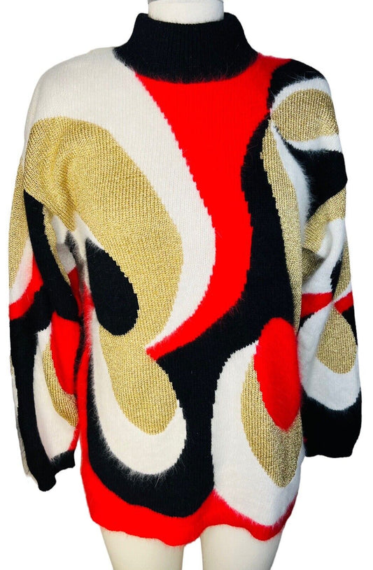Rafaella Metallic Gold Cream Red Angora Lambswool Pullover Sweater Size M