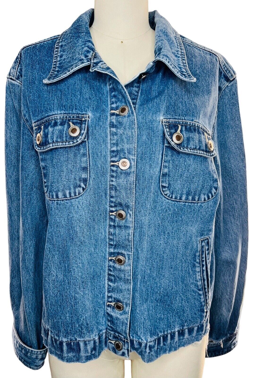 Jamaica Bay Distressed Denim Jacket Butterfly Appliqué W/gemStones Size Large