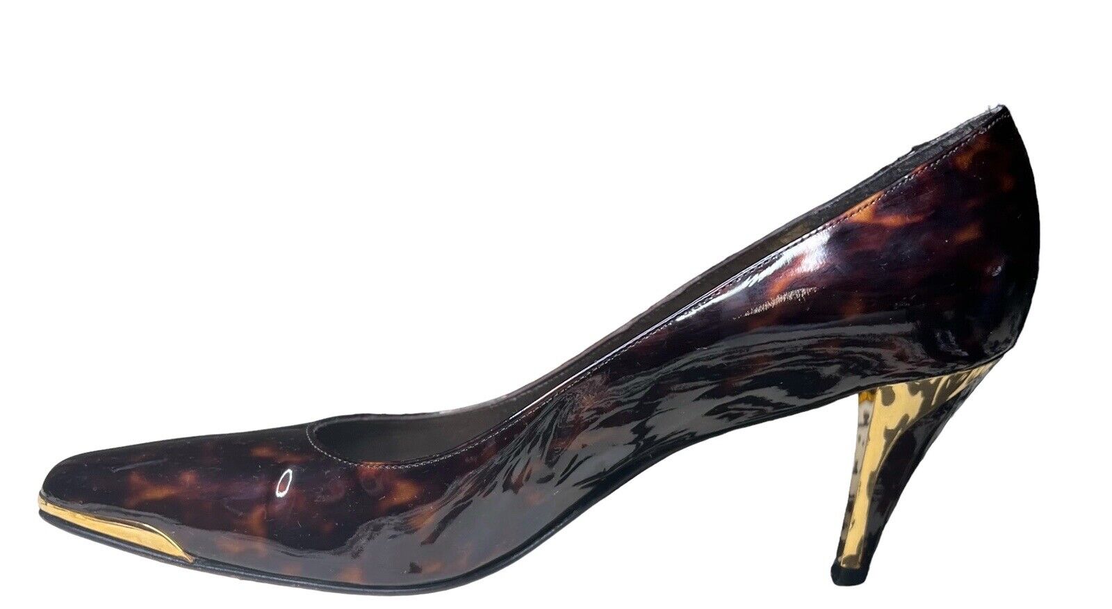 Stuart Weitzman 9M Patent Leather Leopard Print & Gold Heels