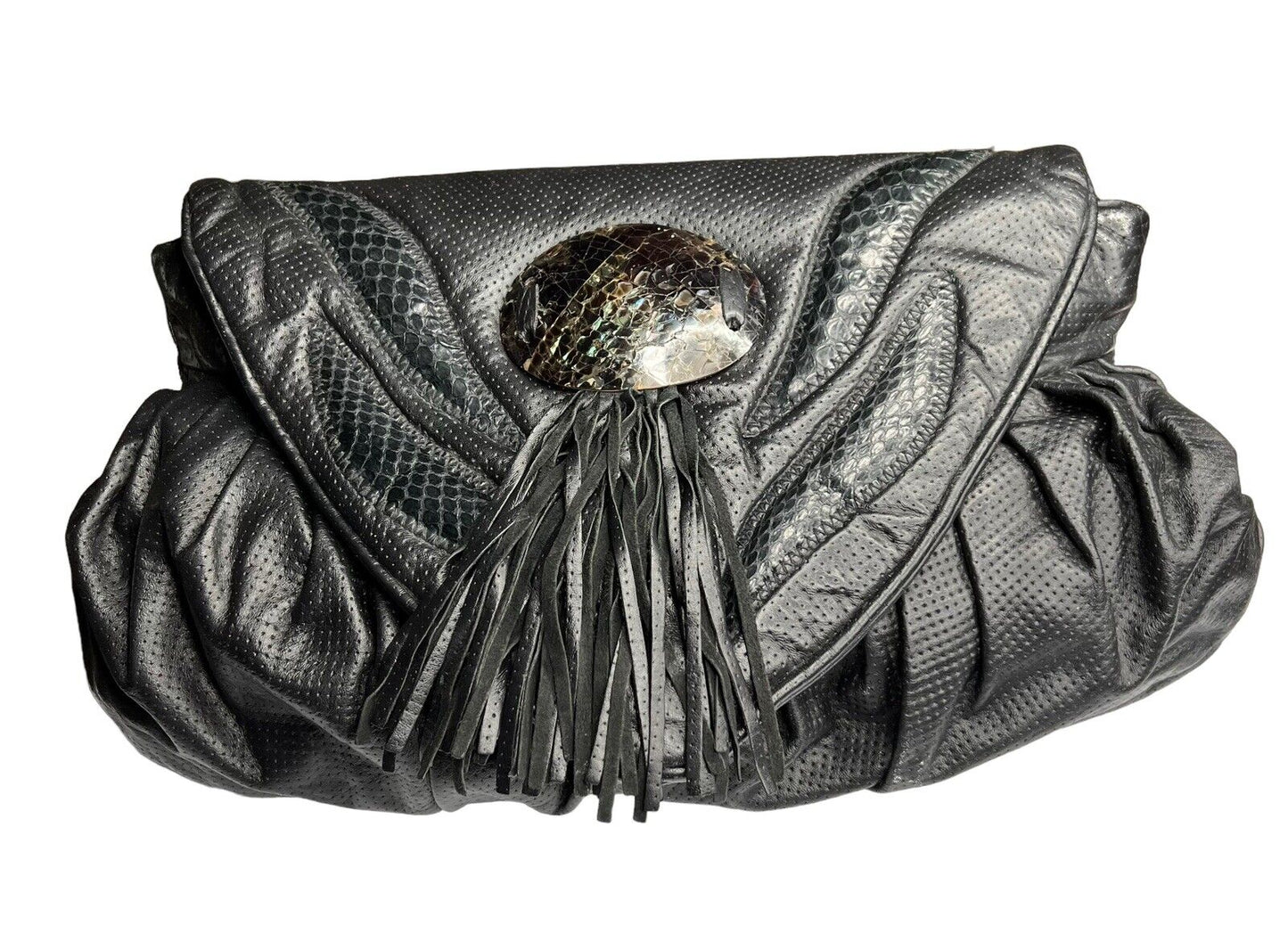 Black Snakeskin Leather Tortoise Shell Fringe Snap Closure Medium Clutch