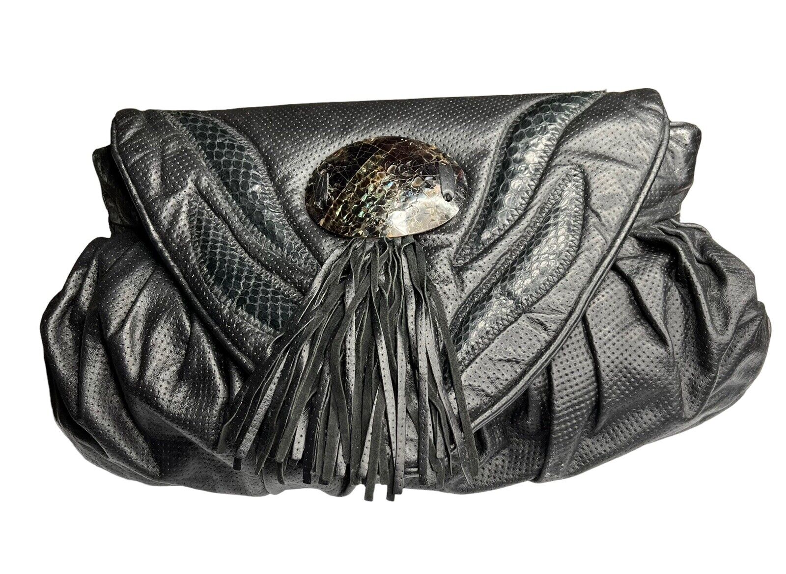 Black Snakeskin Leather Tortoise Shell Fringe Snap Closure Medium Clutch