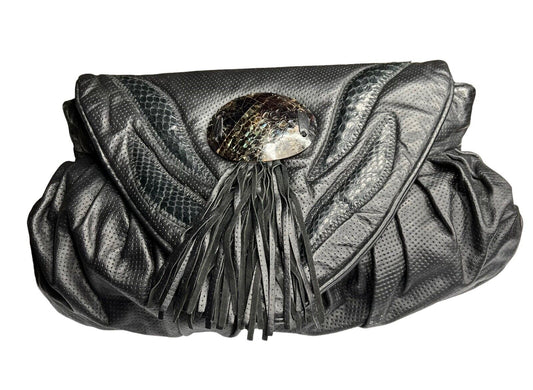 Black Snakeskin Leather Tortoise Shell Fringe Snap Closure Medium Clutch