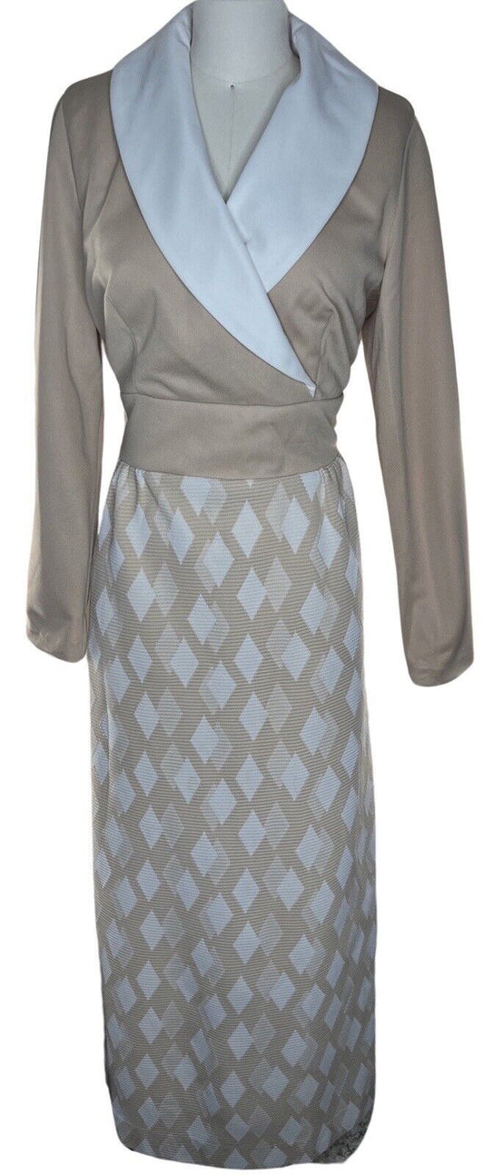 Momentum 70’s Vintage Argyle Print Tan & White Maxi Dress Size 14