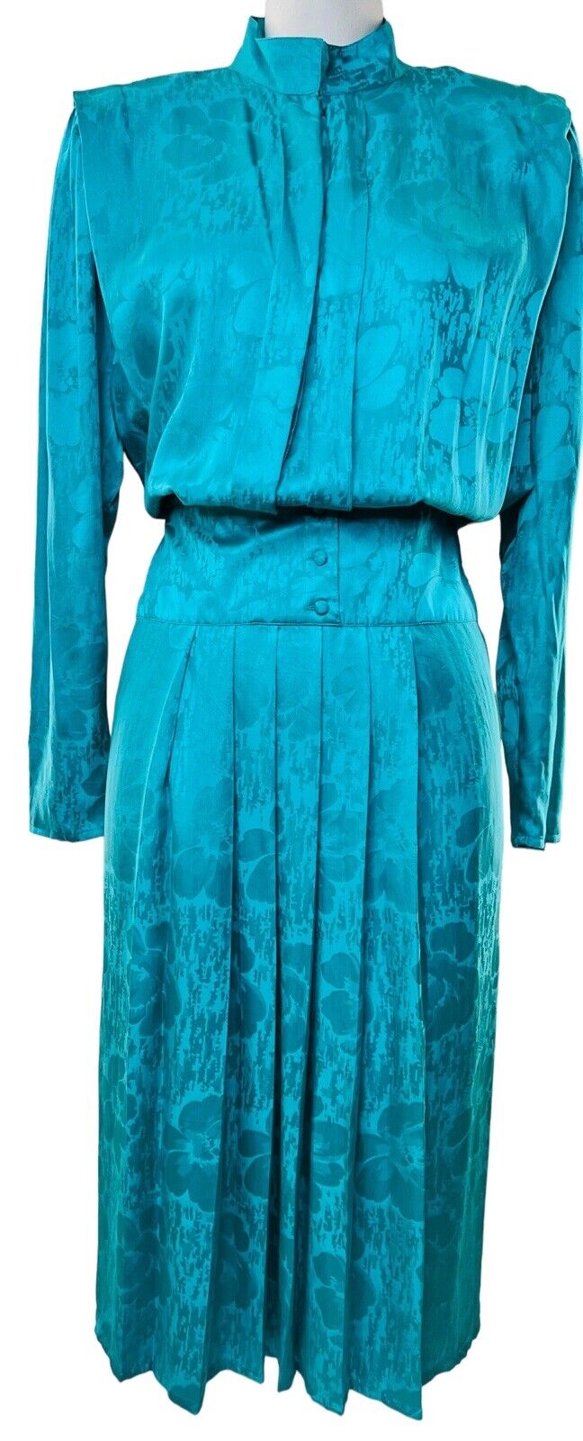 Cadaz 100% Silk Teal Pleated Midi Vintage Dress Size 14