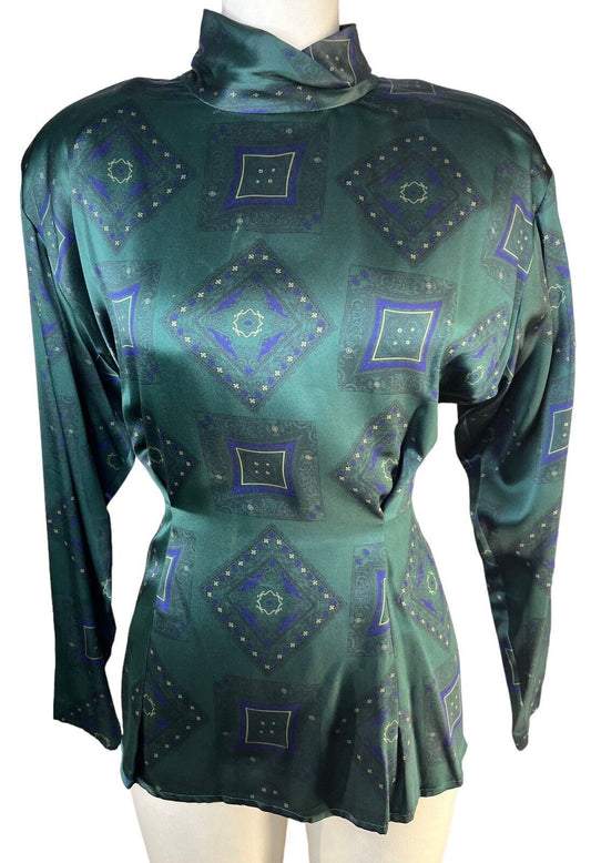 Women’s Tahari Green Silk High Neck Long-sleeved Pleated Blouse