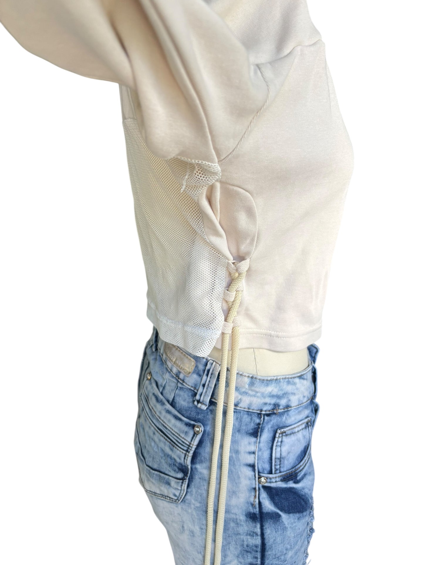 True Religion Long Sleeved Cotton & Mesh Crop Top Drawstrings