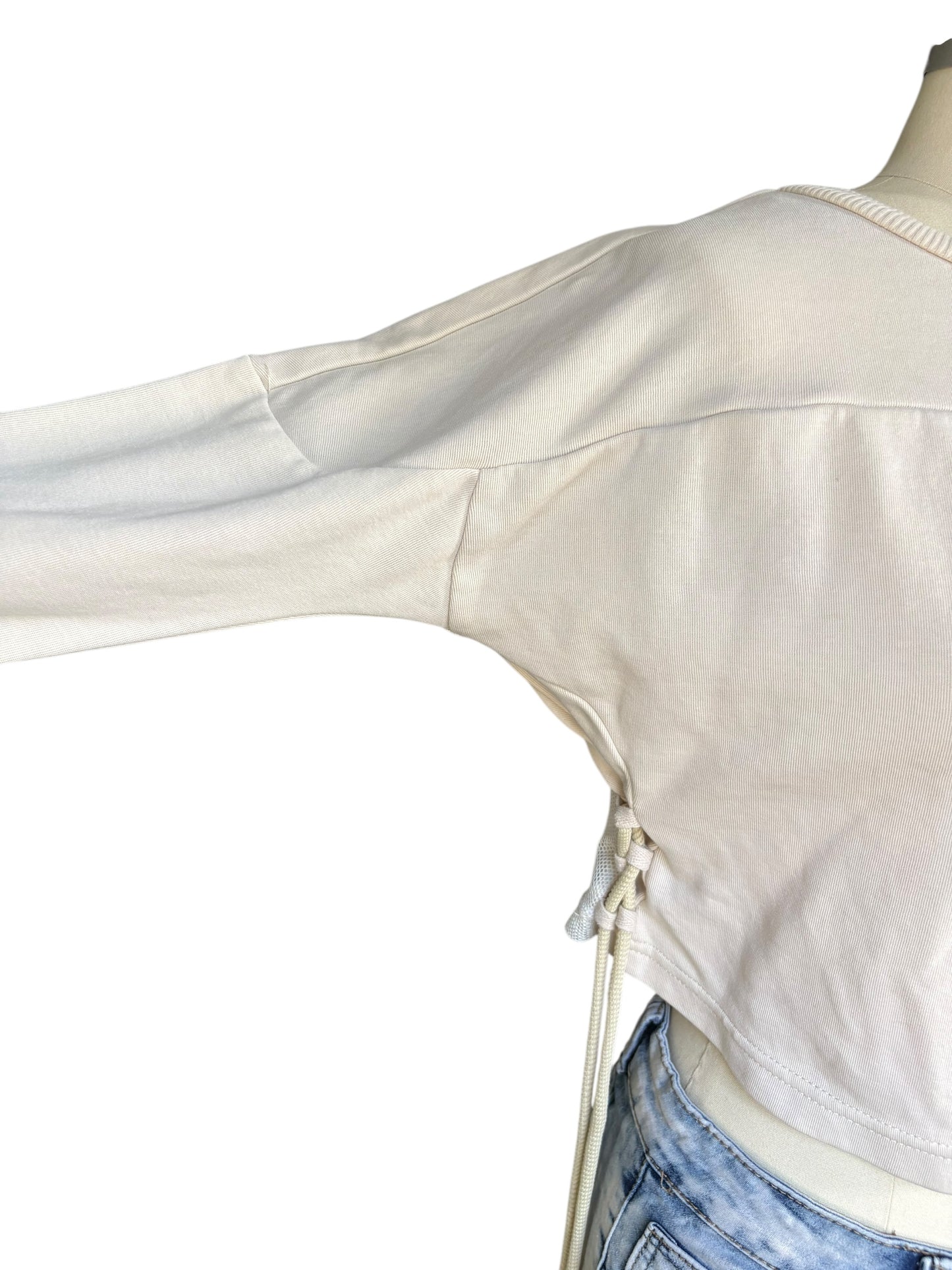 True Religion Long Sleeved Cotton & Mesh Crop Top Drawstrings