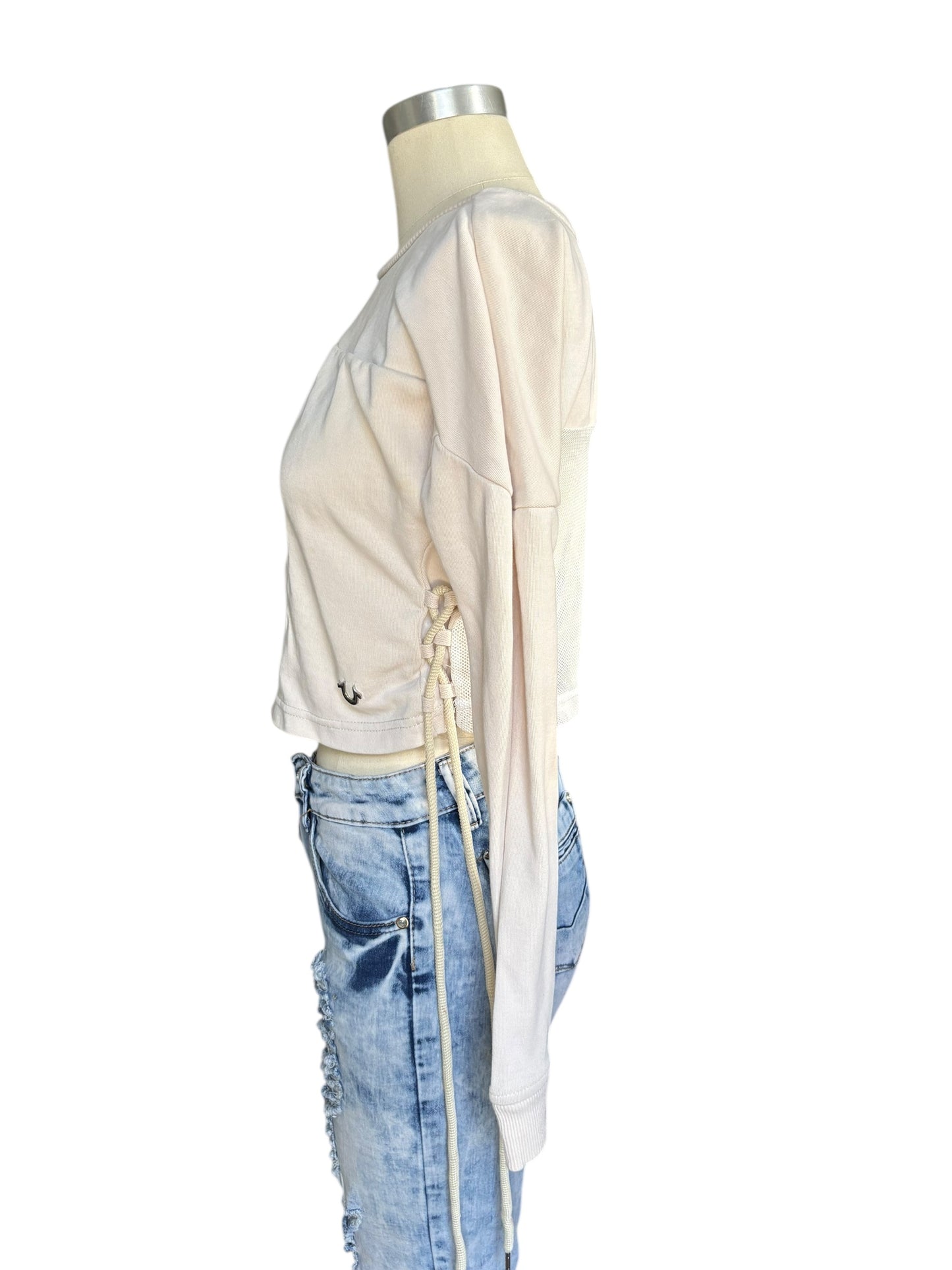 True Religion Long Sleeved Cotton & Mesh Crop Top Drawstrings