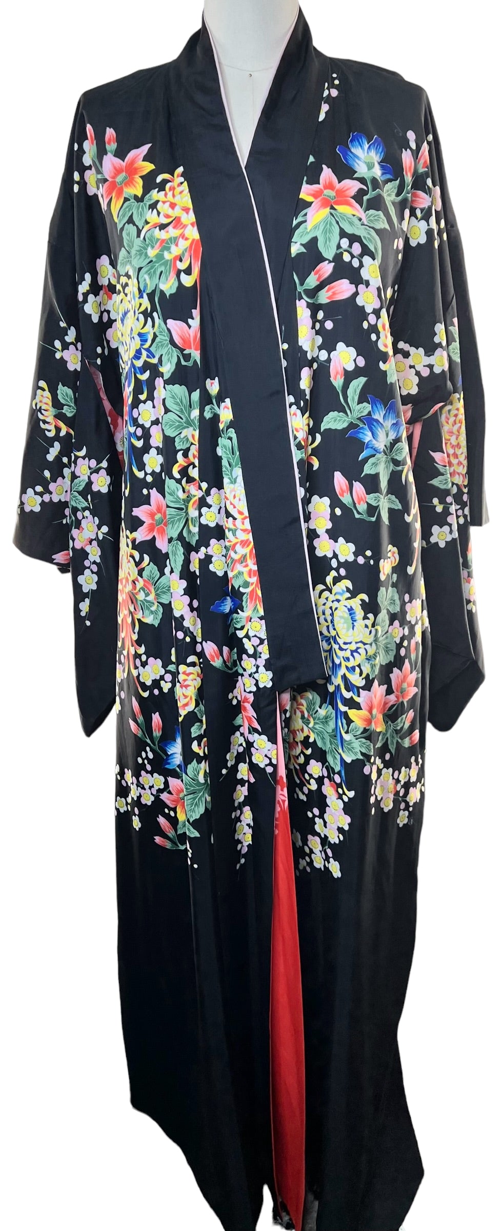 Vintage Bespoke Silk Japanese Floral Painted Reversible Kimono Made in Japan One Size