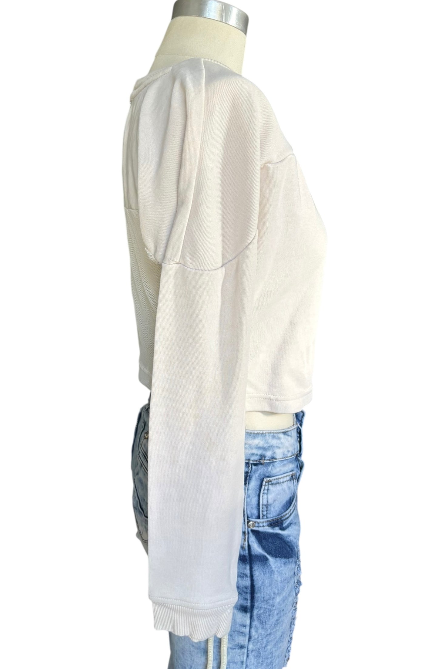 True Religion Long Sleeved Cotton & Mesh Crop Top Drawstrings