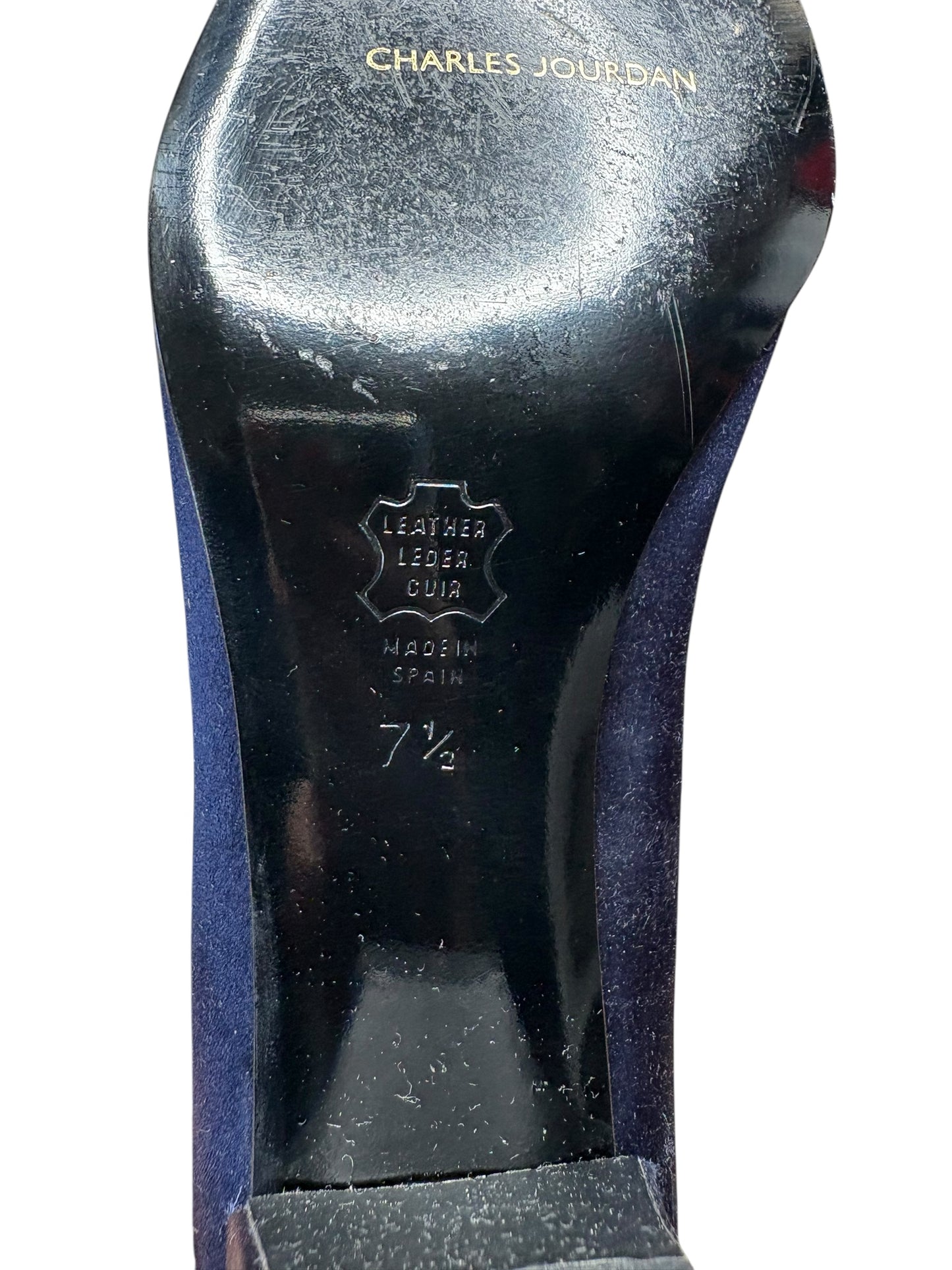 Charles Jourdan Navy Blue Silk Block Heel Shoes