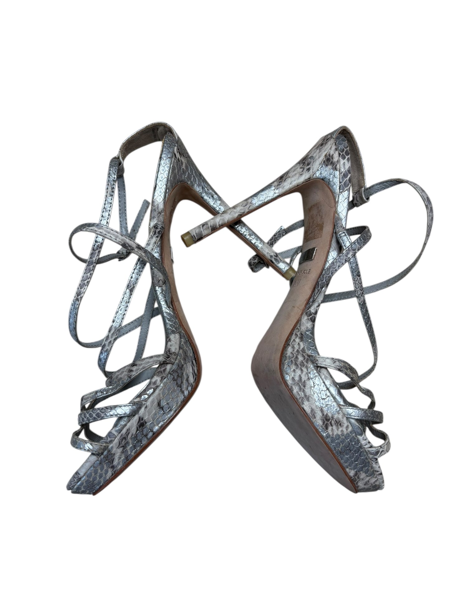 Badgley Mischka Five Inch Silver Snakeskin Stiletto Strappy Sandals