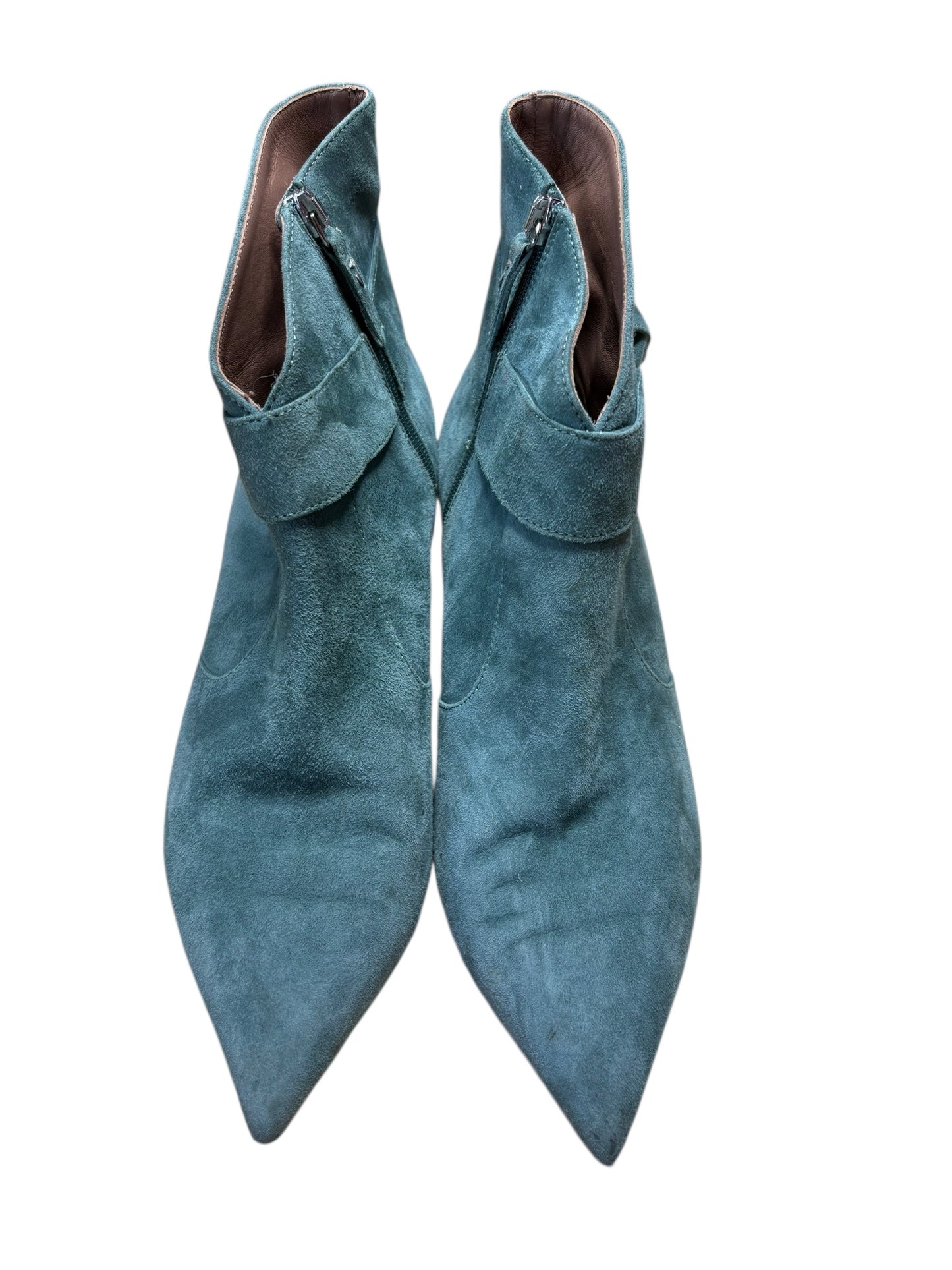 Tabitha Simmons Pointy Toe Powder Blue Suede Kitten Heel Booties