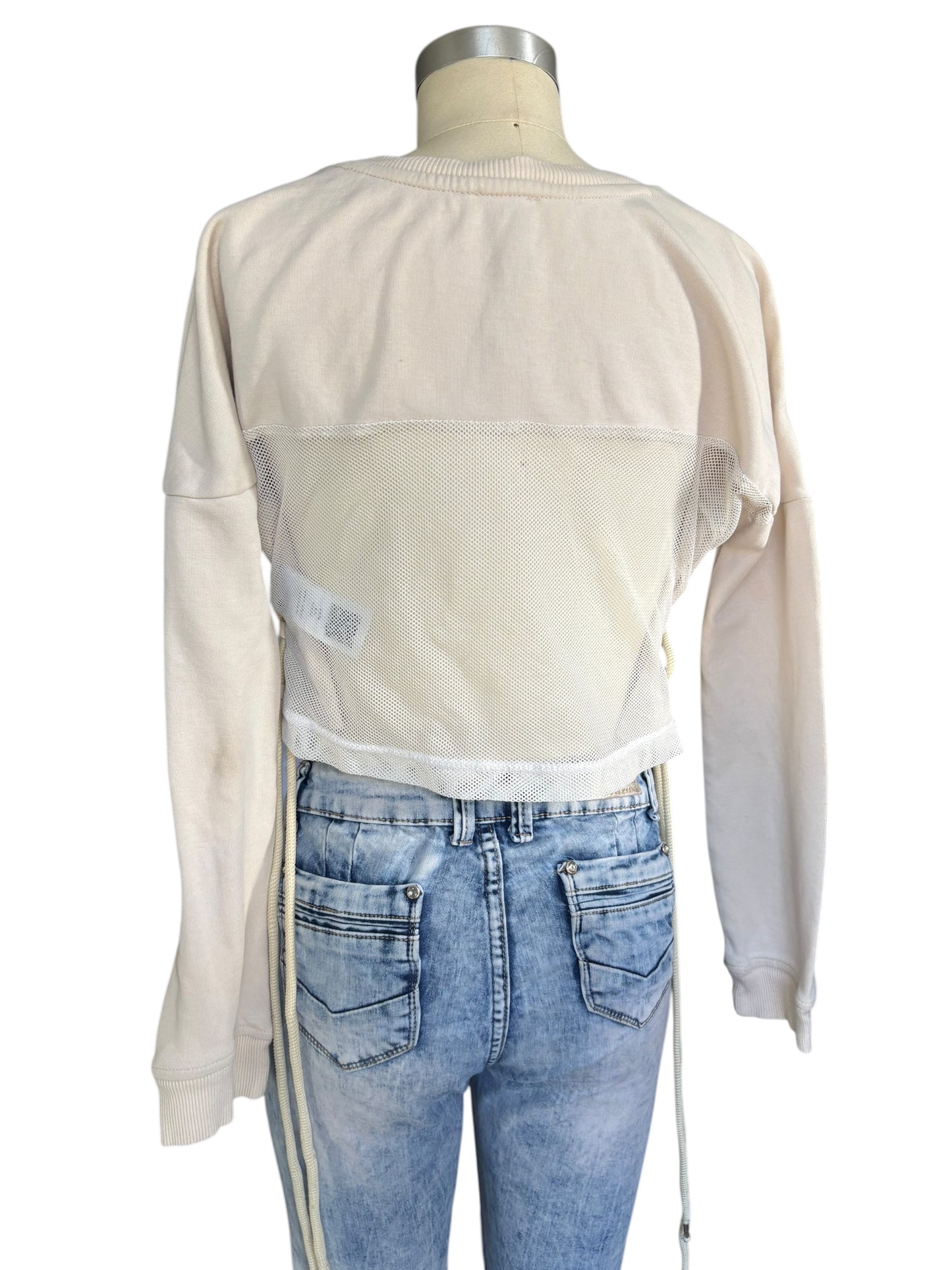 True Religion Long Sleeved Cotton & Mesh Crop Top Drawstrings