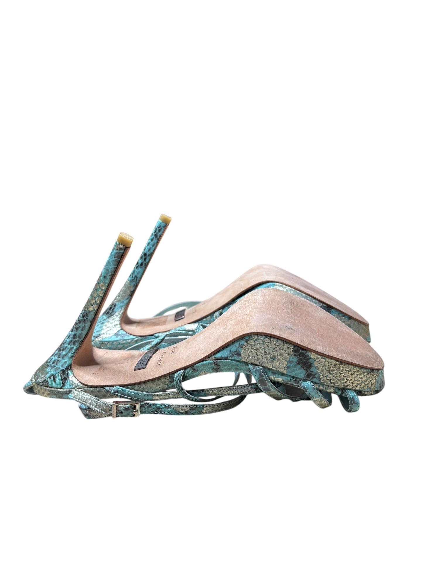 Badgley Mischka Five Inch Blue Snakeskin Stiletto Strappy Sandals