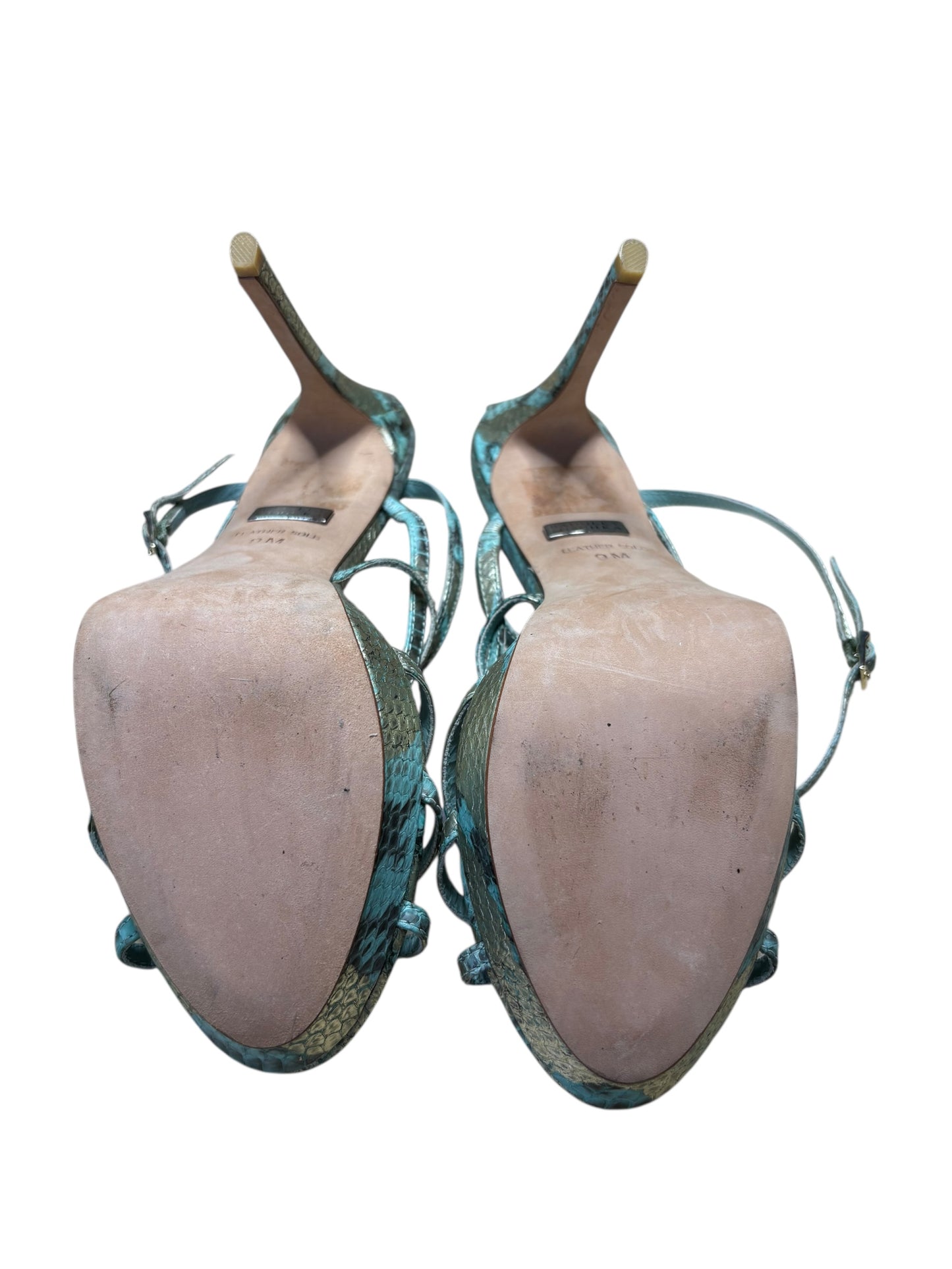 Badgley Mischka Five Inch Blue Snakeskin Stiletto Strappy Sandals