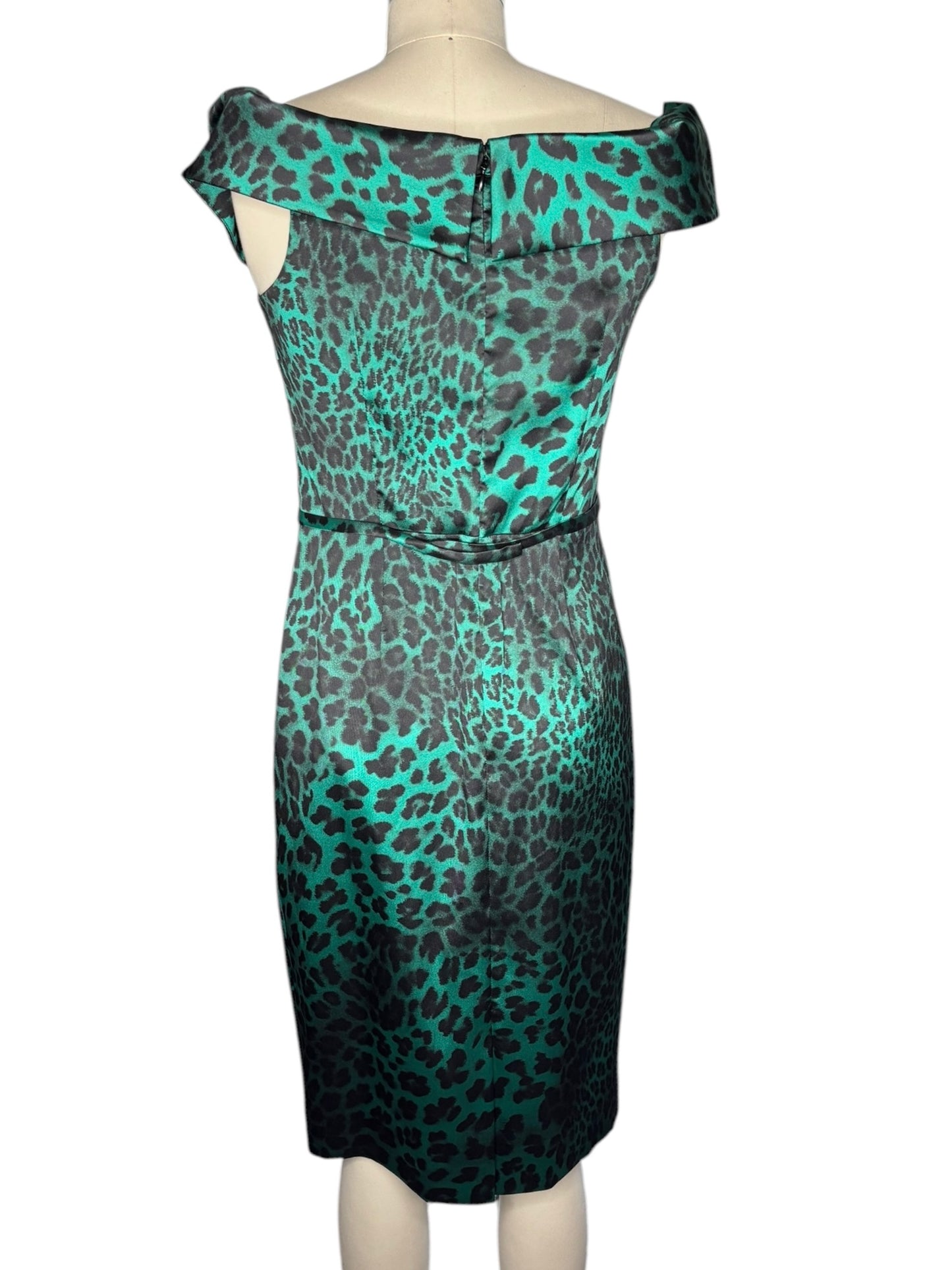 Rickie Freeman Teri Jon Green Leopard Print Party Mini Dress