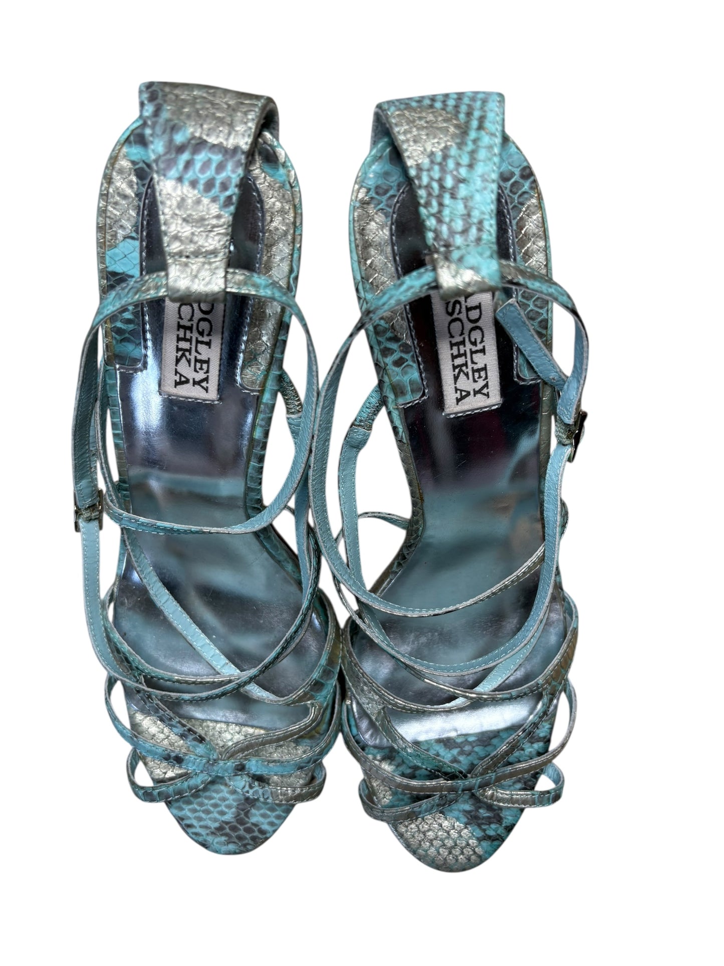 Badgley Mischka Five Inch Blue Snakeskin Stiletto Strappy Sandals