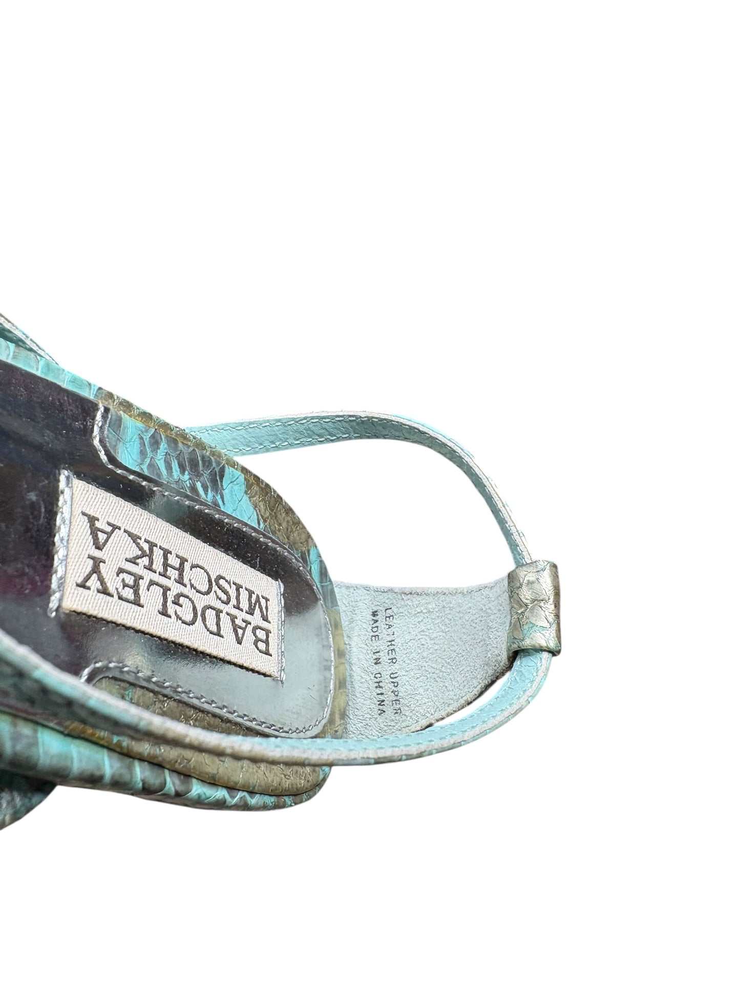 Badgley Mischka Five Inch Blue Snakeskin Stiletto Strappy Sandals