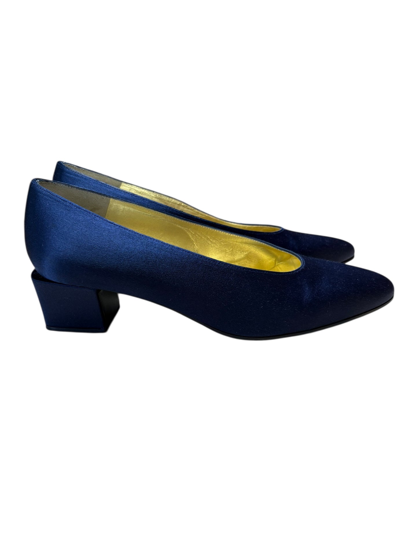 Charles Jourdan Navy Blue Silk Block Heel Shoes