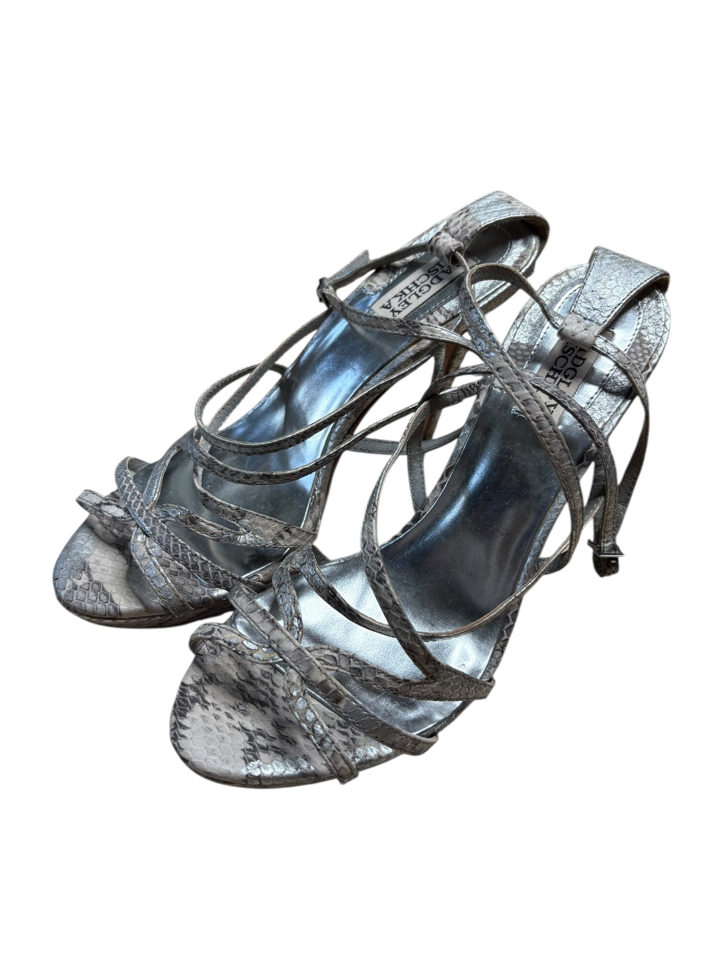 Badgley Mischka Five Inch Silver Snakeskin Stiletto Strappy Sandals
