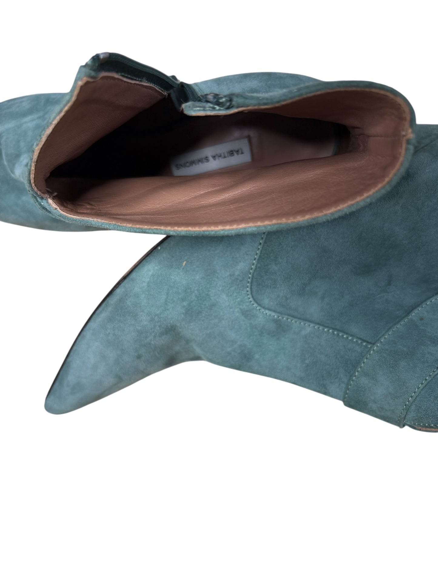 Tabitha Simmons Pointy Toe Powder Blue Suede Kitten Heel Booties