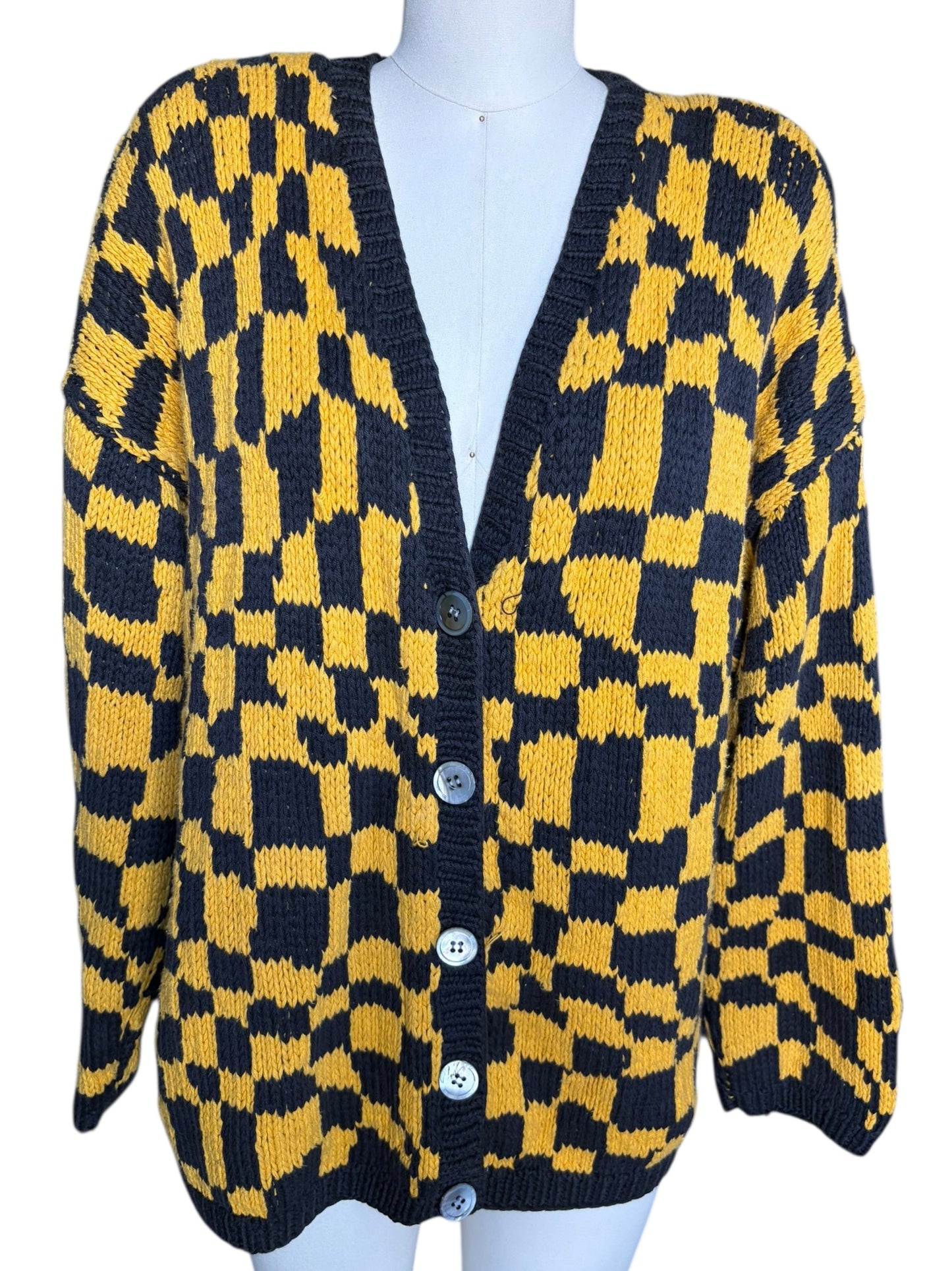 KIKIT Maurice Sasson Oversized Cotton Cable Knit Houndstooth Cardigan