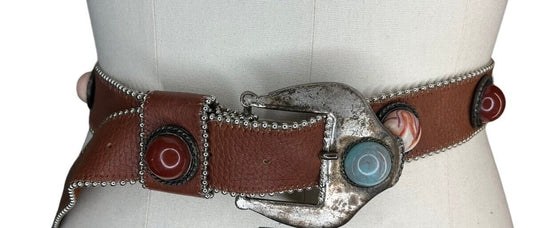 Studded Bezel Set Faux Precious Stones Distressed Silver Metal Buckle by Leatherock