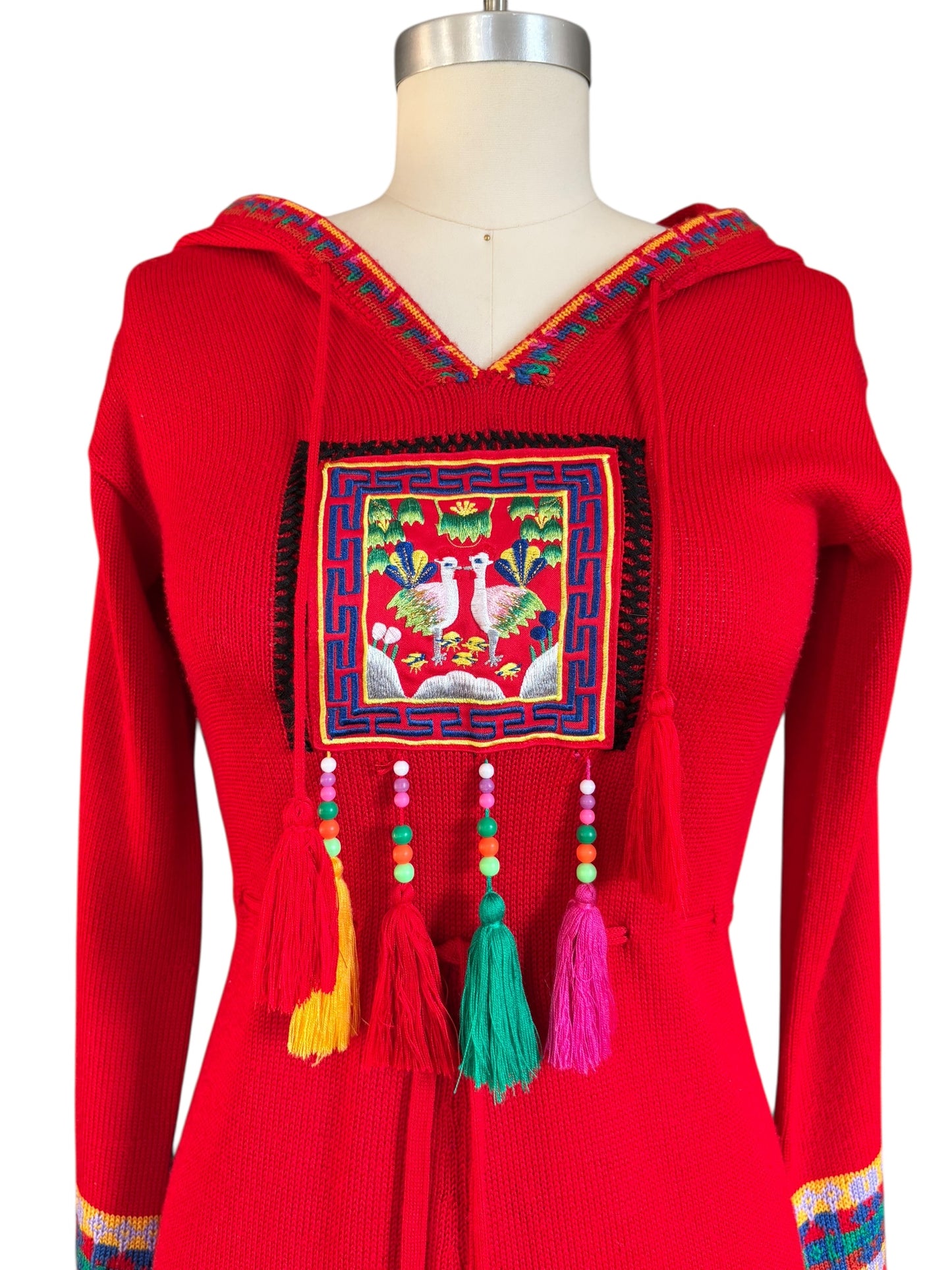Melangedress Red Hooded Knit Long Sleeved Midi Dress