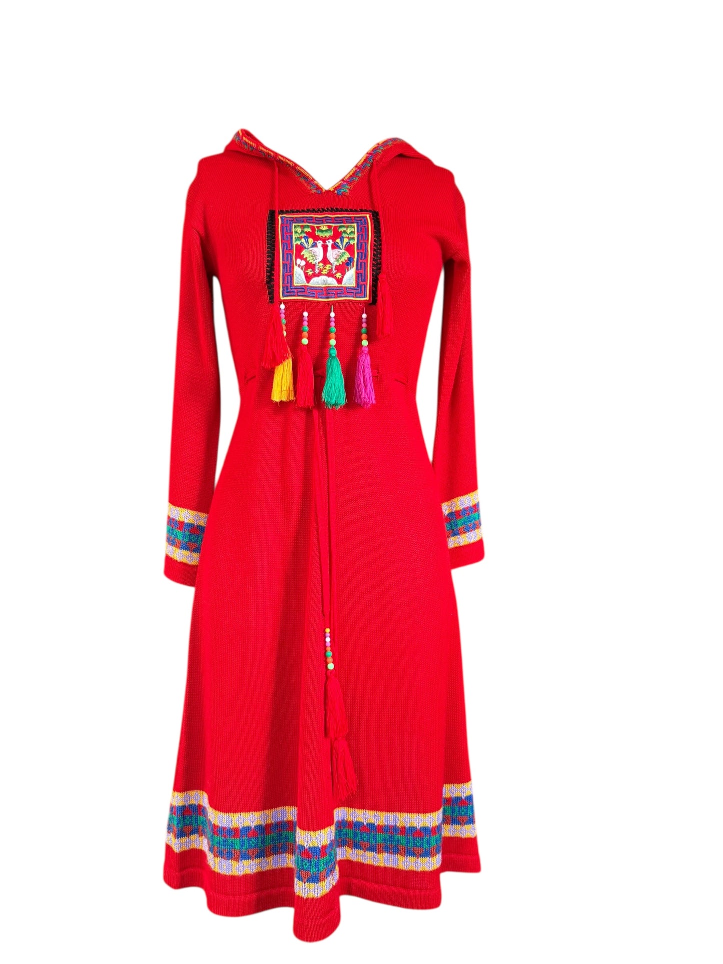 Melangedress Red Hooded Knit Long Sleeved Midi Dress