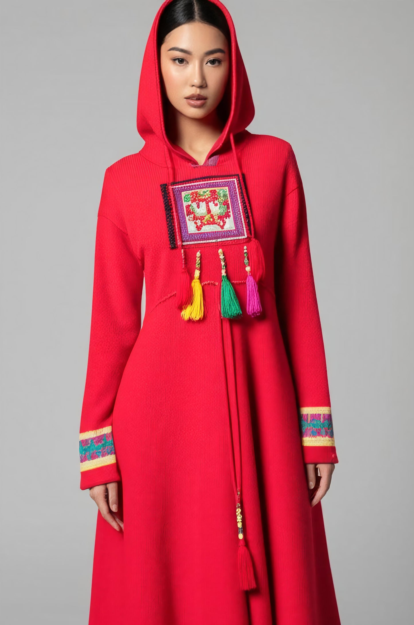 Melangedress Red Hooded Knit Long Sleeved Midi Dress