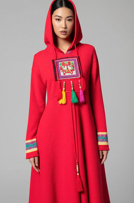 Melangedress Red Hooded Knit Long Sleeved Midi Dress