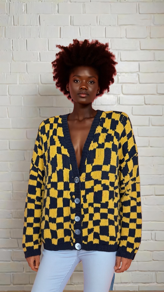 KIKIT Maurice Sasson Oversized Cotton Cable Knit Houndstooth Cardigan